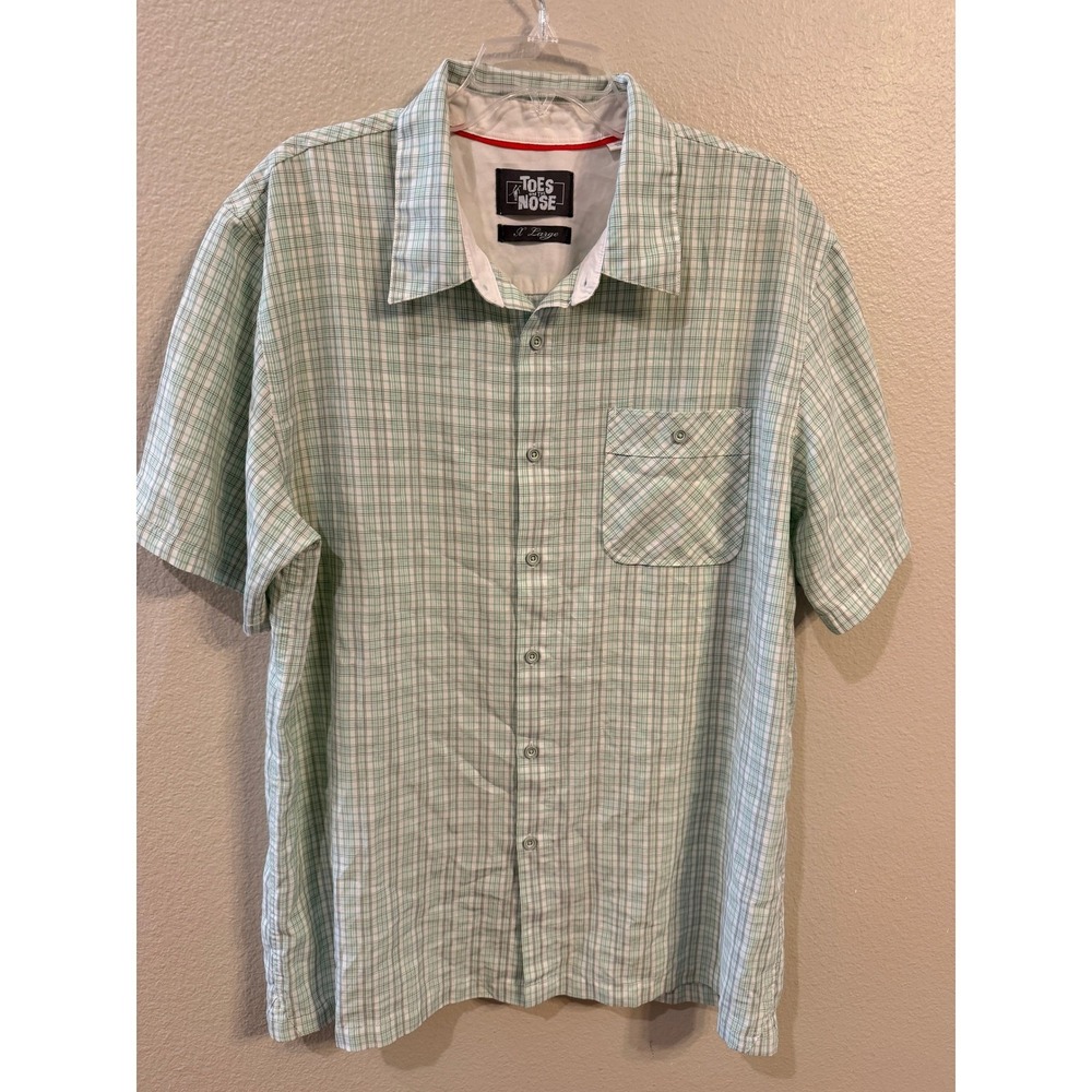 Toes on the Nose Button Down Shirt Mens XL Green Plaid Excellent Short Sleeve